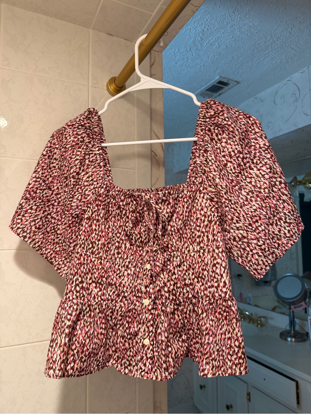 Universal Thread Pink, White & Brown Smocked Square-Neck Blouse